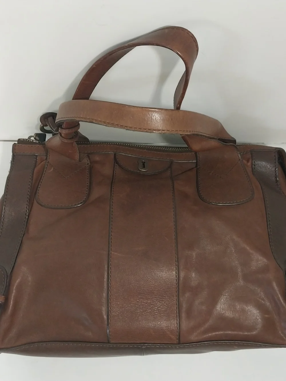 Fossil Brown Leather Unisex Satchel With Key Charm